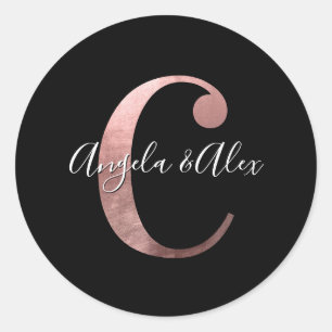 Classic Rose Gold Foil Wedding Monogram C Black Classic Round Sticker