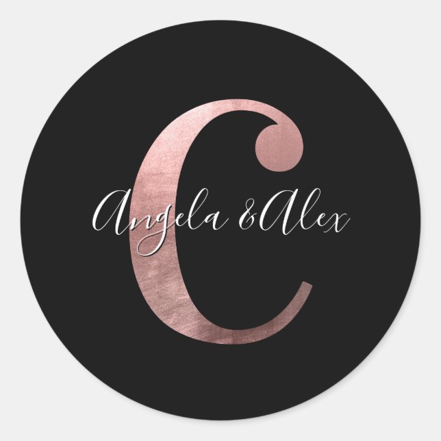 Classic Rose Gold Foil Wedding Monogram C Black Round Sticker (Front)