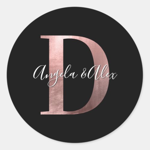 Classic Rose Gold Foil Wedding Monogram D Black Classic Round Sticker