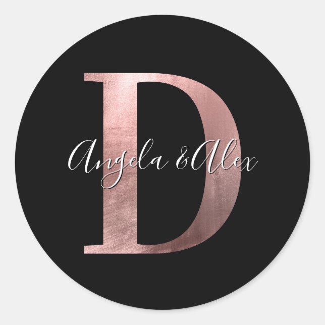 Classic Rose Gold Foil Wedding Monogram D Black Classic Round Sticker (Front)