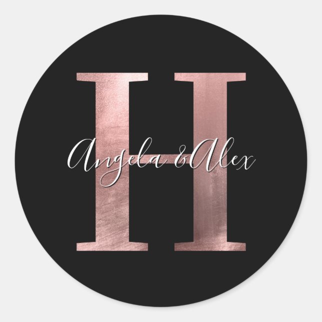 Classic Rose Gold Foil Wedding Monogram H Black Round Sticker (Front)