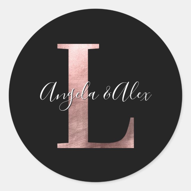 Classic Rose Gold Foil Wedding Monogram L Black Classic Round Sticker (Front)