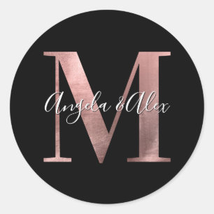 Classic Rose Gold Foil Wedding Monogram M Black Classic Round Sticker