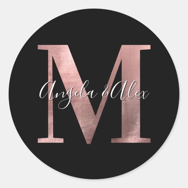 Classic Rose Gold Foil Wedding Monogram M Black Round Sticker (Front)