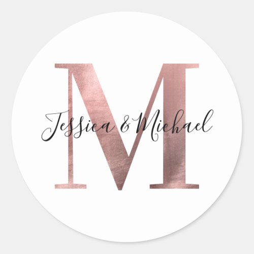 Classic Rose Gold Foil Wedding Monogram M Classic Round Sticker