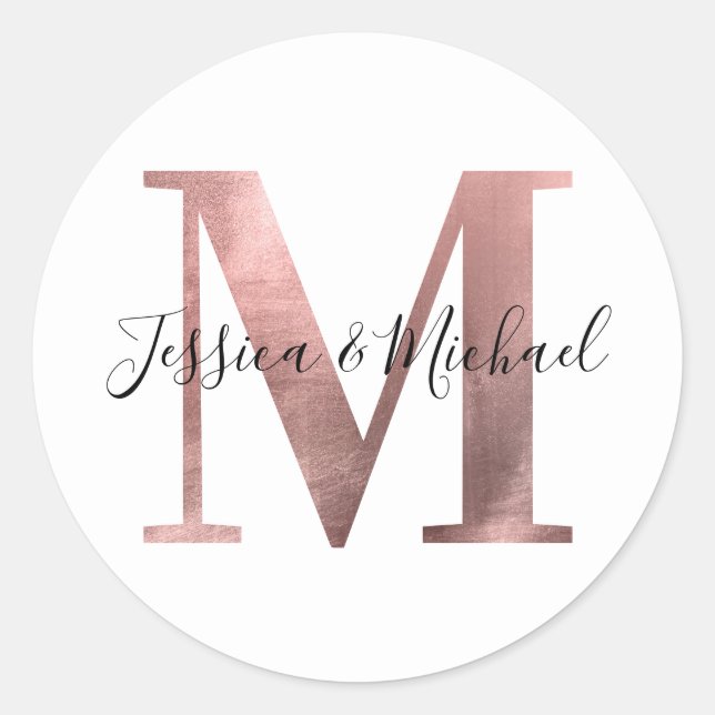 Classic Rose Gold Foil Wedding Monogram M Classic Round Sticker (Front)