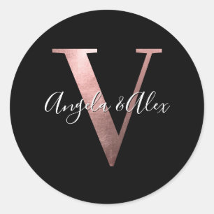Classic Rose Gold Foil Wedding Monogram V Black Classic Round Sticker