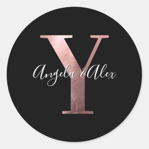 Classic Rose Gold Foil Wedding Monogram Y Black Classic Round Sticker