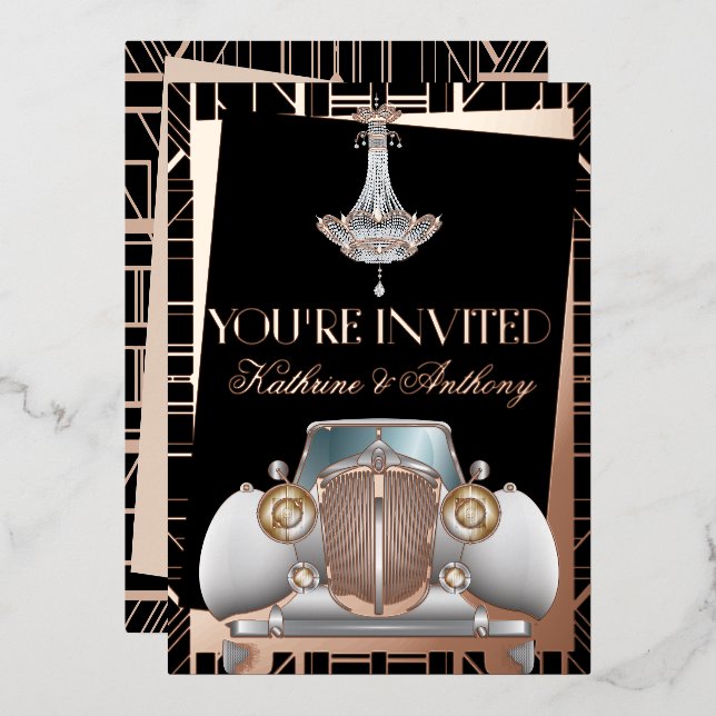 Classic ROSE GOLD Gatsby Deco Wedding  Foil Invita Foil Invitation (Front/Back)