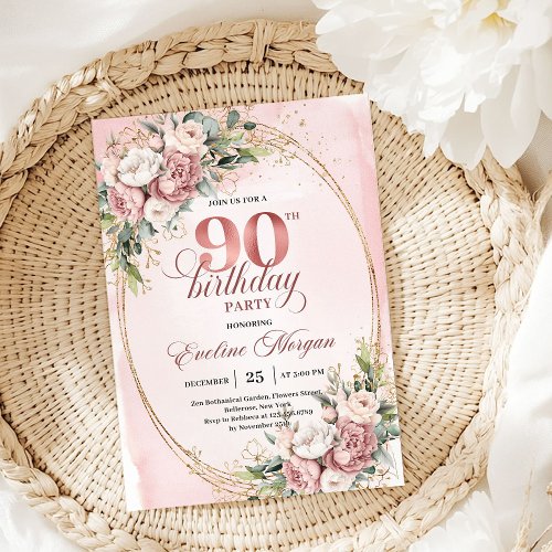 Classic Rose Gold Greenery 90th Birthday Invite