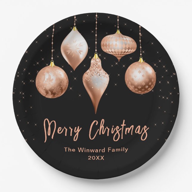 Classic Rose Gold Ornament Christmas Paper Plates (Front)