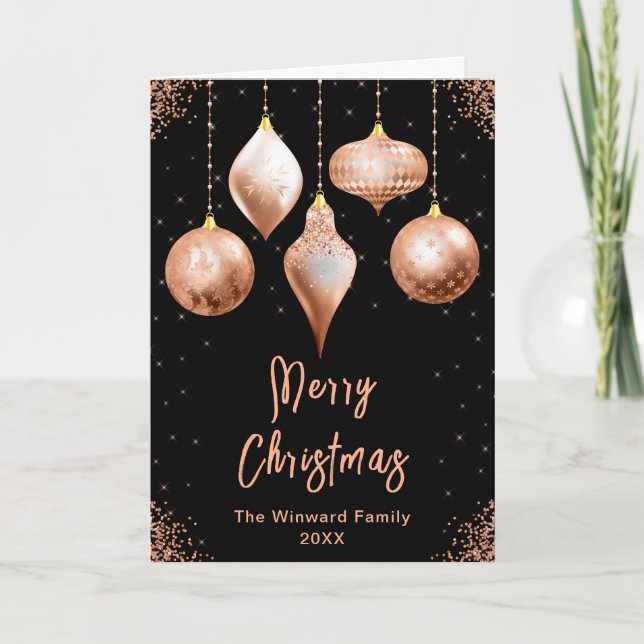 Classic Rose Gold Ornaments Merry Christmas Holiday Card (Front)