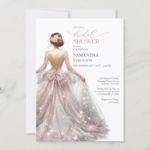 Classic rose gold sparkly wedding dress glam invitation