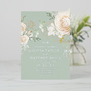 Classic Roses Floral Sage Garden Wedding Foil Invitation