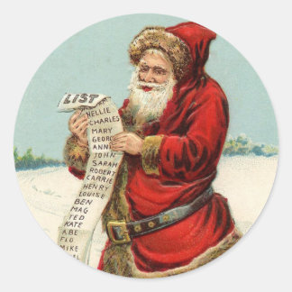 Classic Round Sticker VINTAGE Santa Claus W/LIST