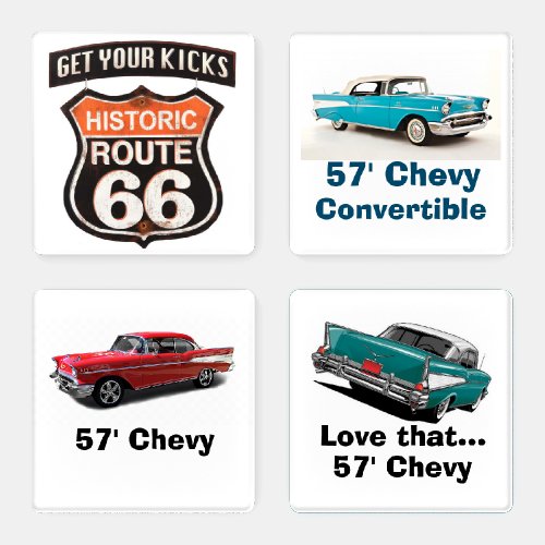Classic Route 66 Sign 3 Different 57 Chevys Coa Coaster Set