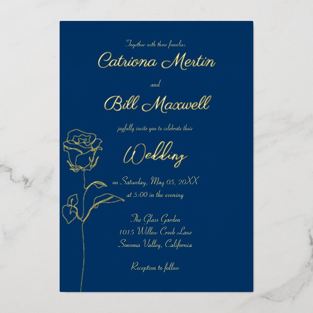 Classic Royal Blue and Gold Wedding Invitation Foil Invitation (Front)