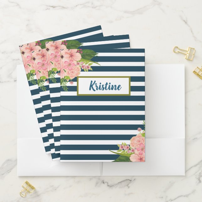 Classic Royal Blue and White Striped Floral Pocket Folder (In Situ)