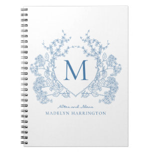 Classic Royal Blue Floral Crest Monogram Notebook