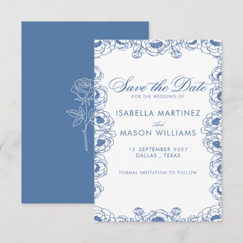 Classic royal blue French flowers save the date