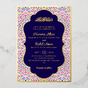 Classic Royal Blue Gold Accents Muslim Wedding Foil Invitation