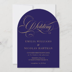 Classic Royal Blue Gold All In One Wedding Invitation