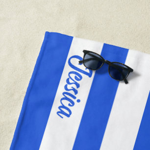 Classic Royal Blue White Cabana Strip Personalized Beach Towel