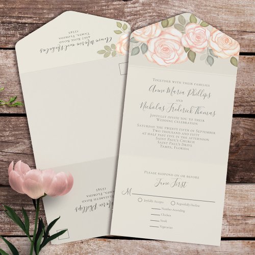 Classic RSVP Meal Choice Blush Floral Sage Green All In One Invitation