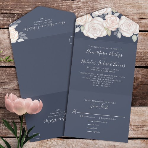 Classic RSVP Meal Option Blush Floral Roses Blue All In One Invitation