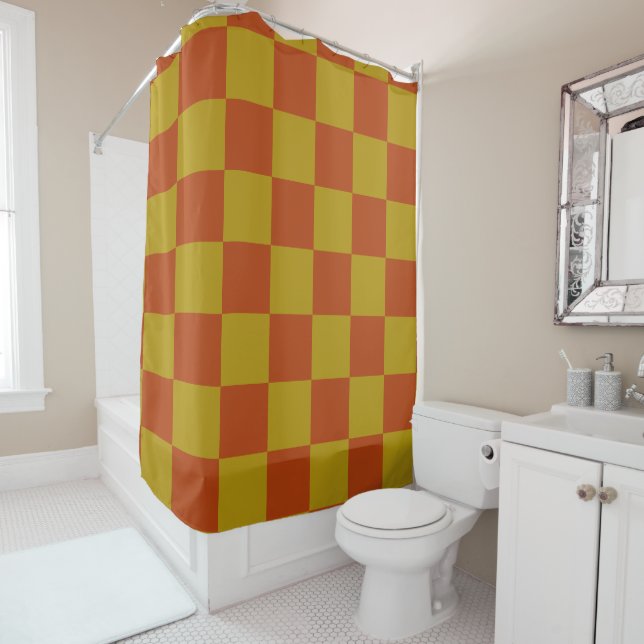Classic Rust and Gold Checkerboard Pattern Shower Curtain (In Situ)