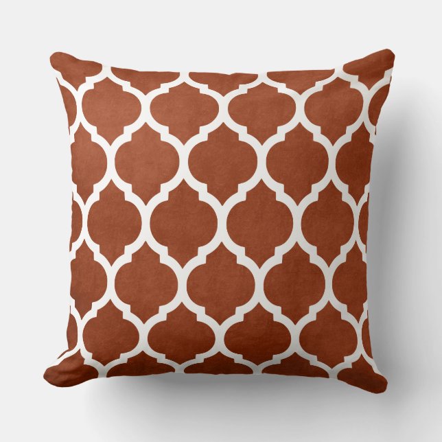 Classic Rust and White Trellis Quatrefoil Throw Pillow (Front)