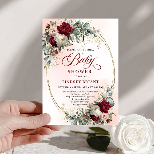 Classic Rustic Burgundy Peonies Gold Baby Shower