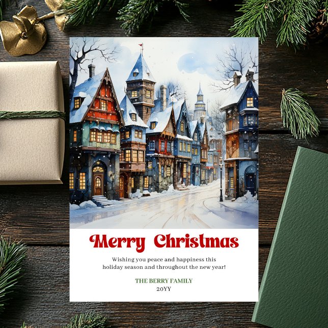 Classic rustic Christmas scene winter watercolor  Holiday Card (Classic rustic Christmas scene winter watercolor art)