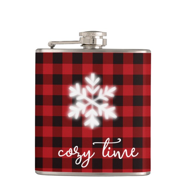 Classic rustic cozy red black plaid pattern  flask (Front)