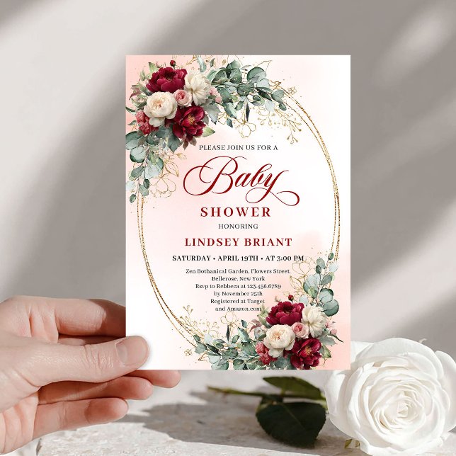 Classic Rustic Deep Red Floral Baby Shower Invite (Classic Rustic Deep Red Floral Baby Shower Invite)