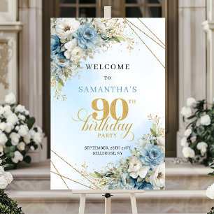 Classic Rustic dusty blue gold 90 birthday welcome Poster