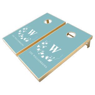 Classic Rustic Farmhouse Monogram Blue Custom Cornhole Set