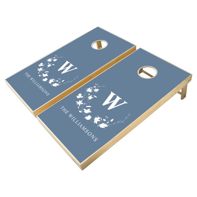 Classic Rustic Farmhouse Monogram Dusty Blue Cornhole Set (Angled)