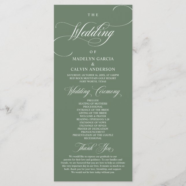 Classic Rustic Forest Sage Green, Wedding Ceremony Program (Front)