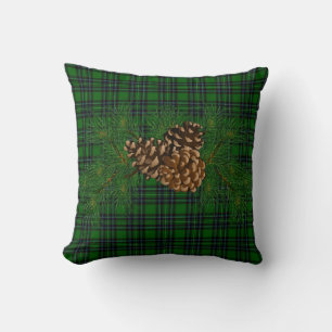 Classic rustic green black plaid with pinecone throw pillow