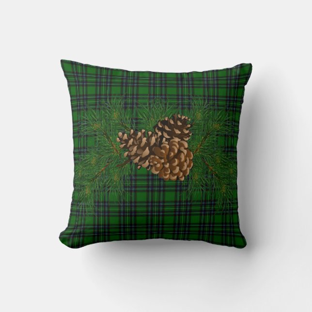 Classic rustic green black plaid with pinecone  throw pillow (Front)