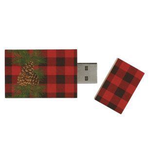 Classic rustic red black plaid pattern pinecone  wood USB flash drive