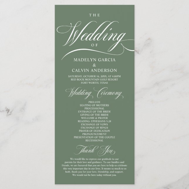 Classic Rustic Sage Green, Wedding Ceremony Program (Front)