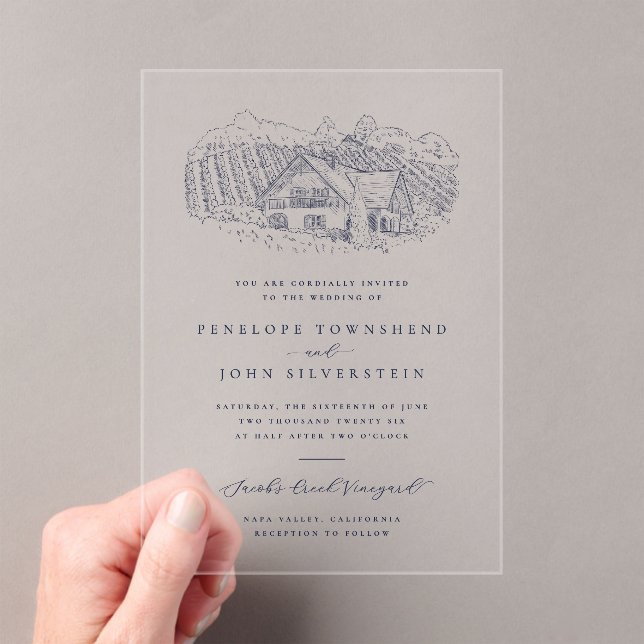 Classic Rustic Vineyard Illustration Wedding Acrylic Invitations (Insitu (Handheld))