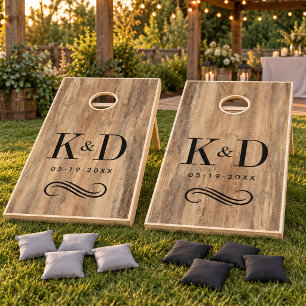 Classic Rustic Wood Wedding Monogram Scroll Cornhole Set