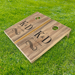 Classic Rustic Wood Wedding Monogram Scroll Cornhole Set