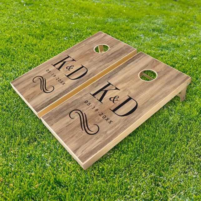 Classic Rustic Wood Wedding Monogram Scroll Cornhole Set (Creator Uploaded)
