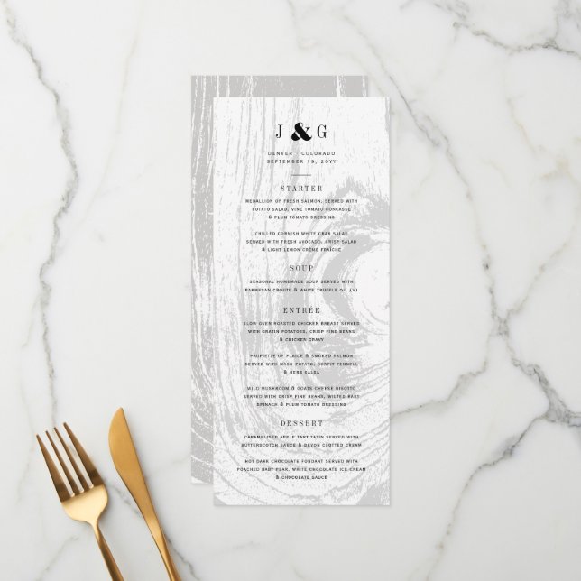 Classic Rustic Woodgrain Chic White Winter Wedding Menu (Front/Back In Situ)