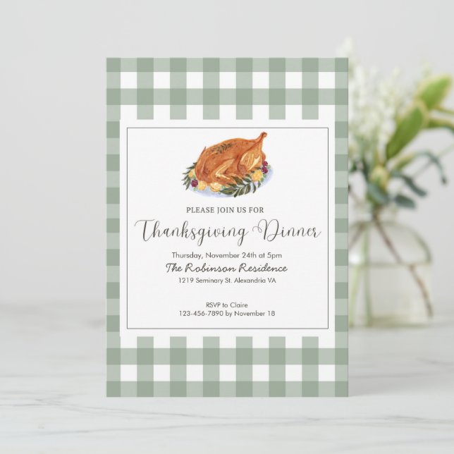 Classic Sage and Plaid Thanksgiving Dinner  Invitation (Standing Front)