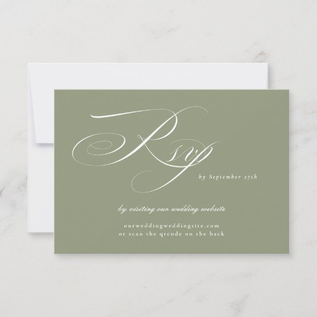 Classic Sage Calligraphy Wedding Website QR CODE RSVP Card (Front)